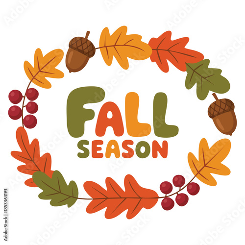 Autumn leaves acorns and berries cute clip art elements with modern lettering including birch maple aspen leaves acorn cranberry cloudberry and rounded fall vector print