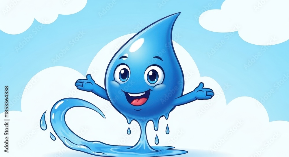Fototapeta premium Cheerful water drop cartoon character against blue sky promotes hydration awareness