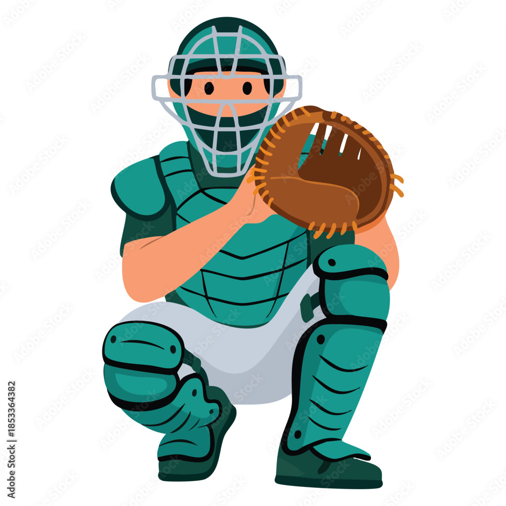 Obraz premium Baseball player catcher vector illustration waiting for ball in uniform and helmet perfect for sports character team game and athletic artwork themes
