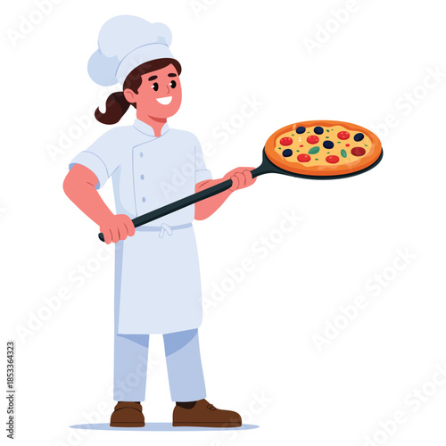 Bakery with woman baker character in uniform holding shovel with pizza vector illustration perfect for bakery cooking food and culinary themed designs