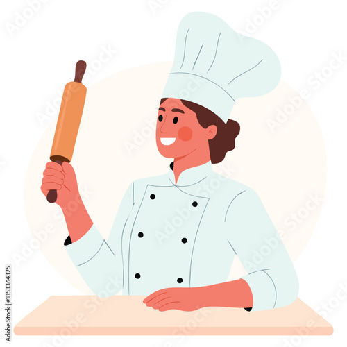 Bakery with woman baker character in uniform rolling dough vector illustration perfect for culinary food preparation bakery and cooking themed creative artwork