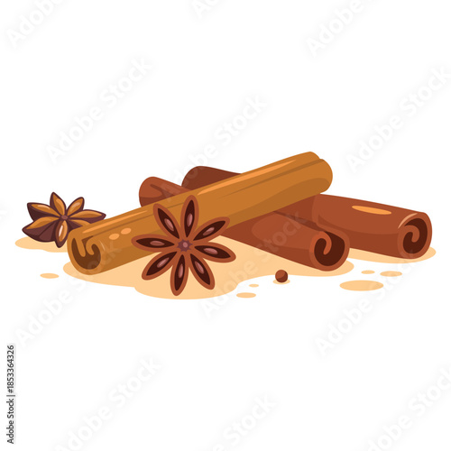 Baking ingredient vector illustration featuring cinnamon sticks and stars of anise suitable for culinary design spice themed creative and food artwork