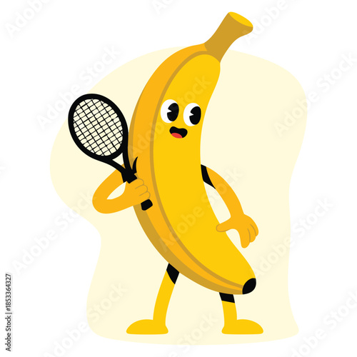 Banana fruit character playing badminton vector illustration funny yellow cartoon ideal for vacation activity tropical fruit kids playful and fun themed artwork
