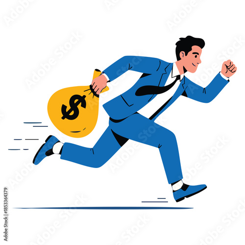 Bank robbery concept showing businessman running with a large money bag with black dollar sign symbol corruption and fraud themed illustration design