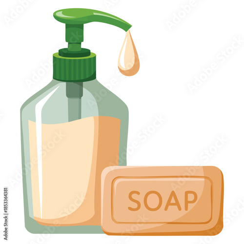 Bar and bottle of liquid soap vector illustration isolated on white background suitable for hygiene personal care packaging bathroom cleaning or cosmetic themed artwork