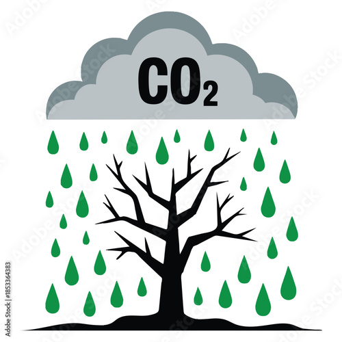 Bare tree acid rains vector illustration with cloud CO2 toxic drops ideal for environmental awareness climate change nature and pollution themed artwork
