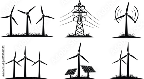 Renewable energy silhouette icons vector illustration, wind turbines with power transmission tower and solar panels, sustainable electricity generation symbols, clean energy infographic elements