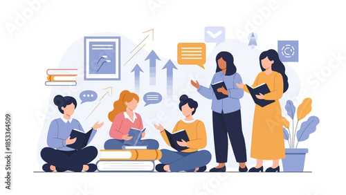 Diverse group of young women studying together with books