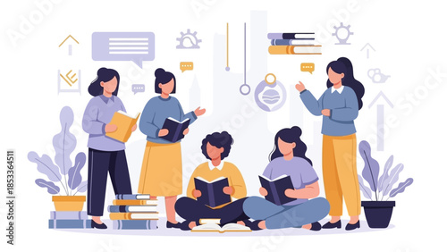 Diverse group of women studying and discussing books together