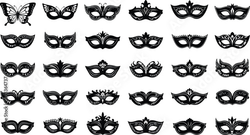 Venetian carnival masks silhouettes collection set, ornate masquerade face accessories icons, elegant black vector illustration for festival, costume, party, decorative design