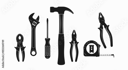 Black silhouette illustration of various tools including hammer wrench pliers screwdriver and tape measure on white background for design and decoration