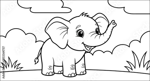 A cheerful cartoon baby elephant with one trunk up standing on a hill with clouds and grass
