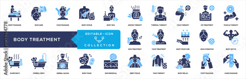 Body Treatment, Spa & Wellness Glyph Color Icon Collection. Containing body massage, skin care, face massage, body scrub, body spa, aroma therapy