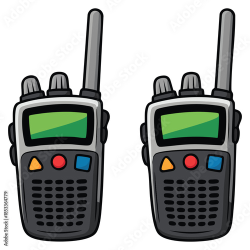 Black portable radio set devices for travel two mobile vector units color illustration isolated on white ideal for modern communication and gadget themed designs