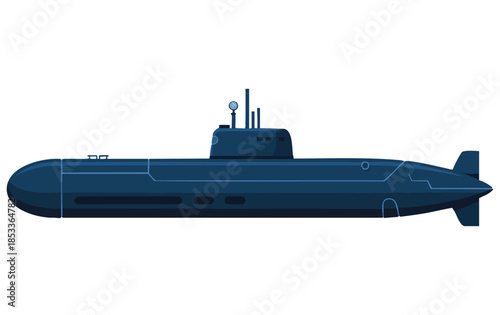 Black submarine military army fighting warship flat vector illustration isolated perfect for navy military defense vessel or battle themed design