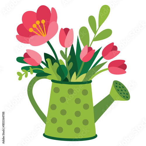 Blooming flower bunch rested in watering can spring vector composition perfect for seasonal decoration floral design garden concept and creative illustration