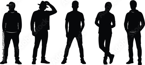 Young men standing silhouettes, casual male poses collection, black vector illustration for fashion, lifestyle, street style, character design, branding, advertising, marketing, concepts