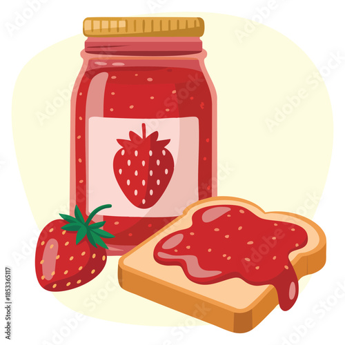 Breakfast vector illustration with toasted bread and strawberry jam icon perfect for recipe card kitchen design packaging or digital and print artwork