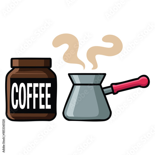 Brewed coffee in cezve with packaged coffee vector illustration on white background suitable for cafe design, beverage promotion, and coffee themed artwork