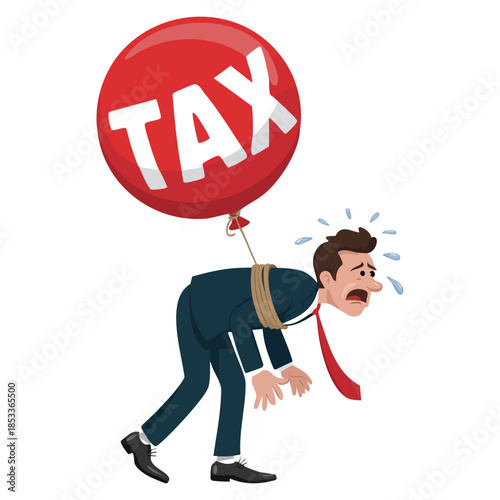 Businessmen fly with balloons with the word tax representing tax rise to pay financial burden pressure and economic challenge illustrated in vector style