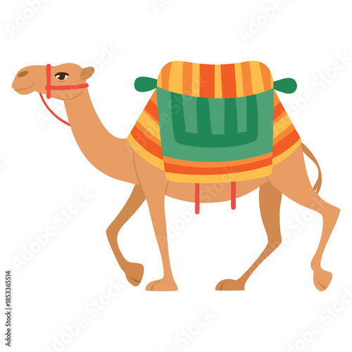 Camel with bridle and saddle vector illustration two humped desert animal carrying load side view perfect for desert transportation travel adventure and wildlife themes