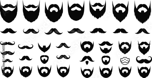 Mega set of black silhouette icons featuring various mustache and beard styles and shapes for men, perfect for barbershop logos and facial hair designs, vector
