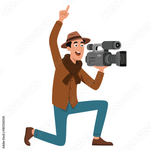 Camera operator ready recording news video vector illustration perfect for media reporting journalism broadcasting and video production themed artwork