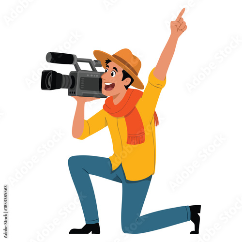 Camera operator ready to recording news video vector illustration perfect for journalism media reporting broadcasting and video production themed designs