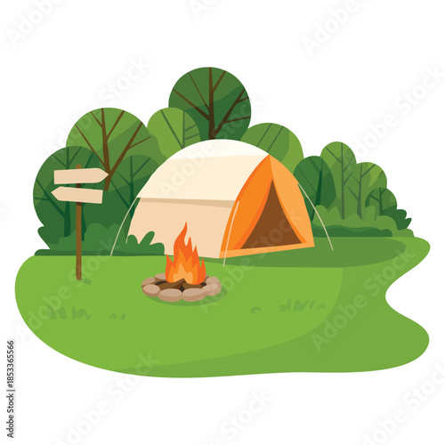 Camping tent tourist campsite outdoor adventure campground in forest vacation vector illustration ideal for travel wilderness and hiking themed artwork