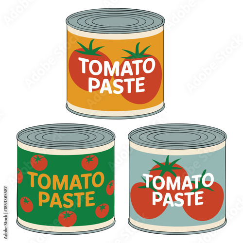 Canned food with tomatoes in different banks tomato paste tin can cartoon flat icons retro canned product poster perfect for pizza pasta ingredient artwork