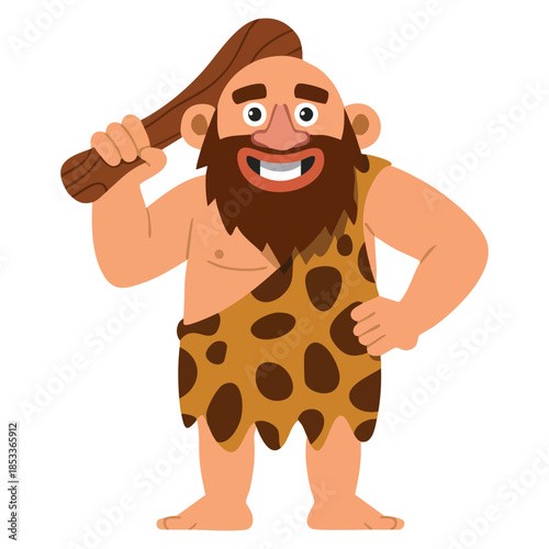 Cartoon illustration of man with a cudgel depicting first Homo Sapiens troglodyte in animal pelt living in stone age primitive historical vector artwork
