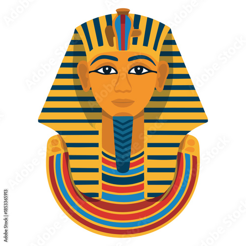 Cartoon illustration of ancient Egyptian pharaoh travel to Egypt colorful king Tutankhamun statue vector element for promo poster travel agency flat design icon