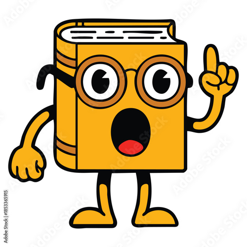 Cartoon humanized speaking book vector illustration pointing finger perfect for educational, reading, literacy, and knowledge concept designs on white background