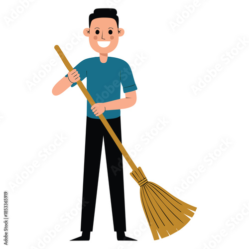 Cartoon male vector character holding a broom cleaner boy illustration perfect for cleaning streets roads parks in working clothes with besom in hand