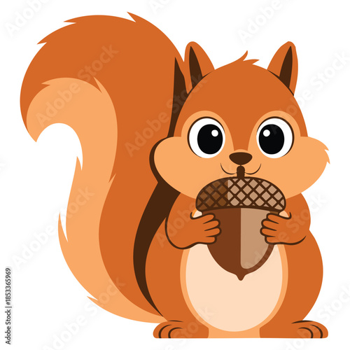 Cartoon red fluffy squirrel with bushy tail vector illustration holding acorn perfect for animal forest education wildlife or decorative themed artwork