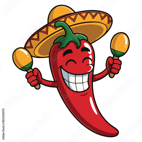 Cartoon red pepper character with sombrero poncho and maracas vector illustration perfect for mexican traditional humanized food musical and cultural themed artwork