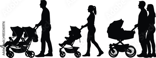 Parents walking with baby stroller silhouettes set, mother and father pushing pram, family parenting lifestyle concept, daily routine scene, black flat vector illustration