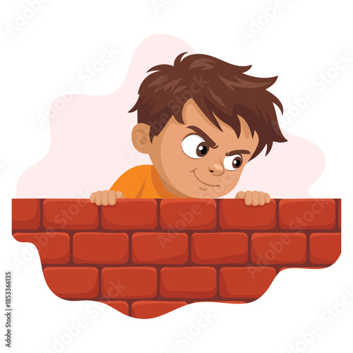 Cartoon vector illustration of boy peeping behind brick wall perfect for playful kid scenes school fun and curious child themed designs