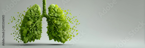 Symbolic Green Lung Made of Leaves on Grey Background, Medical Concept