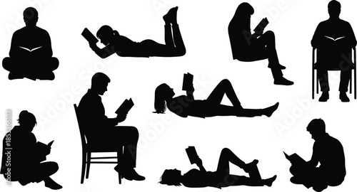 People reading books silhouettes, men and women in various sitting and lying poses, black vector illustration for education, learning, library, lifestyle concept