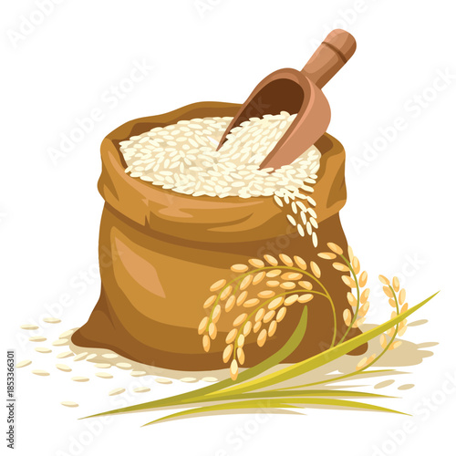 Cartoon vector illustration of sack with rice flour plant and scoop isolated ideal for farm food packaging cooking or educational themed creative artwork