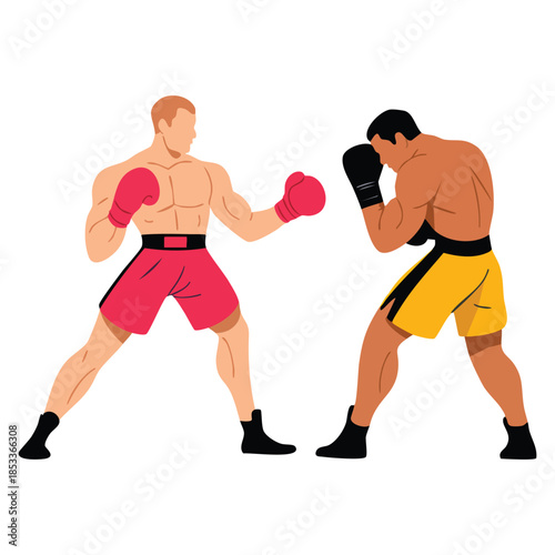 Cartoon vector illustration of two strong boxers in shorts and gloves fighting on ring suitable for sports action design competition or athletic themed artwork