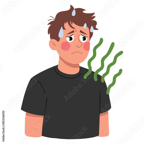 Cartoon vector illustration of sweating young man with unpleasant body odor suitable for personal hygiene problem awareness educational or lifestyle designs