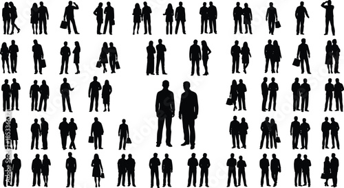 People silhouettes collection set, business men and women standing and walking poses, human crowd icons, black vector illustration for social, corporate, lifestyle design