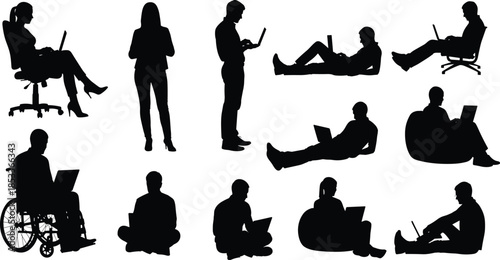 People using laptop silhouette set, men and women working, sitting, standing, relaxing with computer, black vector illustration isolated on white background