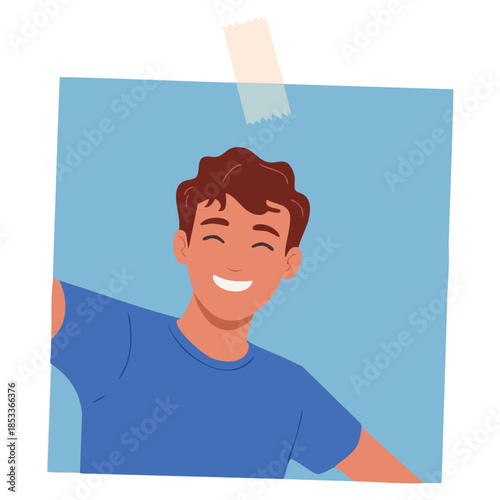 Cartoon vector illustration of young man smiling taking selfie with smartphone suitable for social media lifestyle communication and modern technology themed designs
