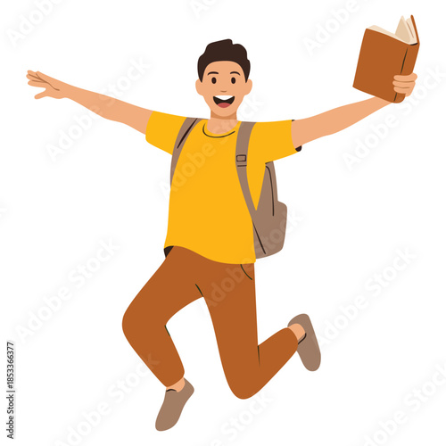 Cartoon vector illustration of young man with backpack jumping suitable for student traveler playful happiness joy emotion or cartoon themed creative artwork