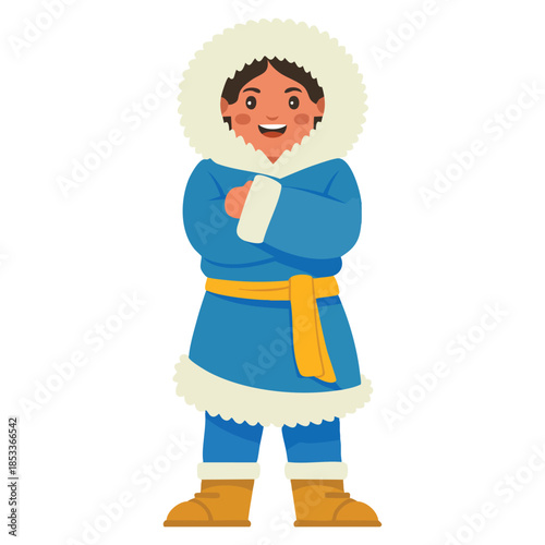 Cheerful polar girl character north child in traditional eskimos clothing cartoon vector illustration ideal for winter storybooks educational or festive themes