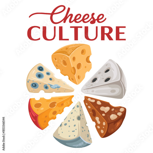 Cheese culture curd product vintage poster design for cheese shop kitchen advertising recipe book featuring slices of brie dorblu cheddar and parmesan