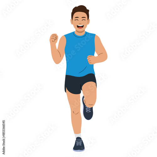 Cheerful running man male athlete in sports uniform running marathon doing morning workout isolated on white background vector illustration